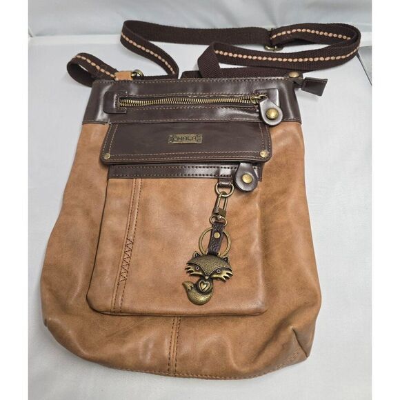 Chala Brown Faux Leather Crossbody Bag With Fox Charm & Zippered Pockets boho - Picture 1 of 12